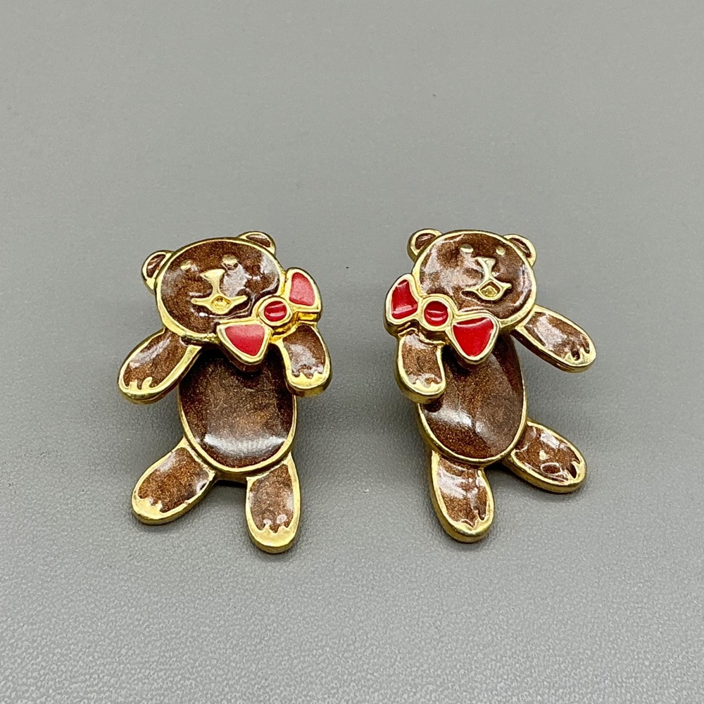 Berebi Earrings Vintage Teddy Bear Brown Red Enamel Gold Tone Pierced Novelty